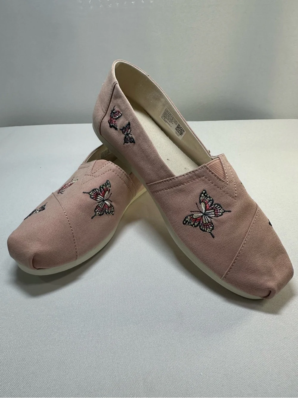 TOMS Women Size 8.5 Pale Pink Canvas Butterfly Embroidery Alpargata Slip On